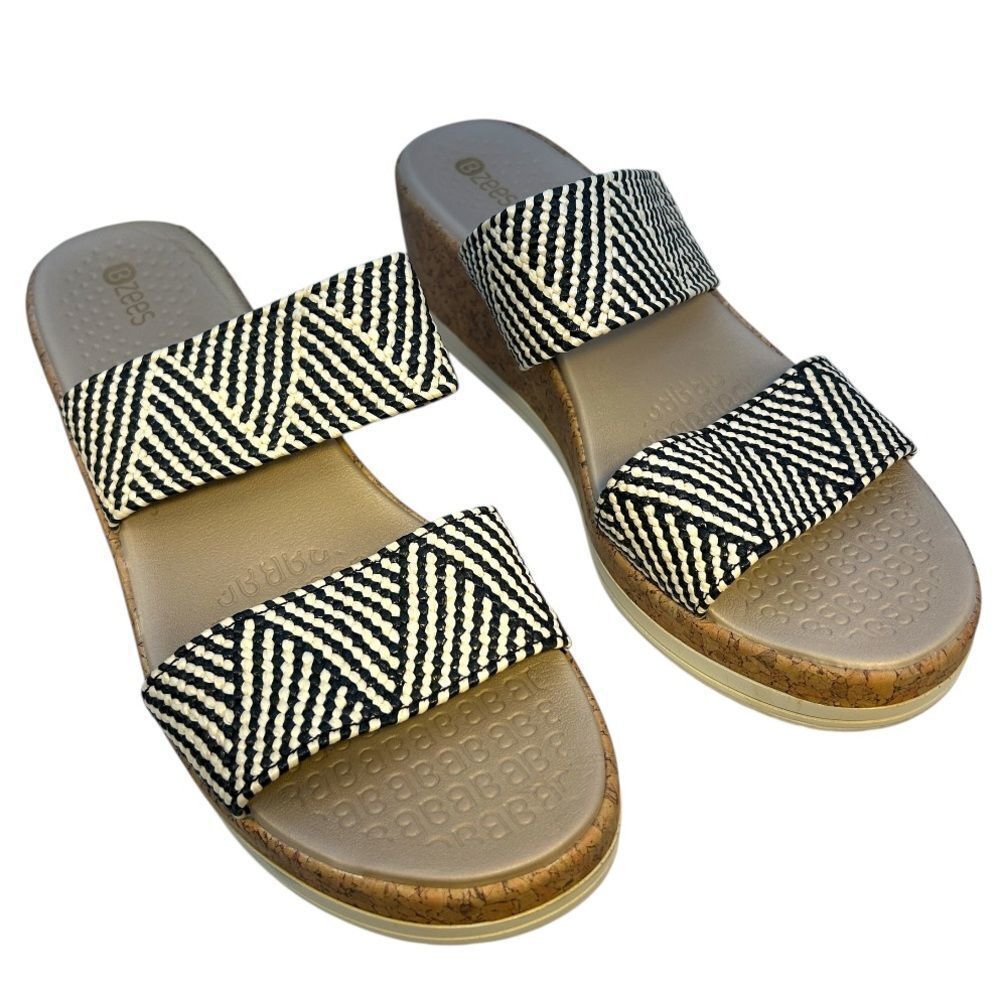 Bzees Lifestride Resort Raffia Wedge Sandals 9.5 Black White Cork Shoes